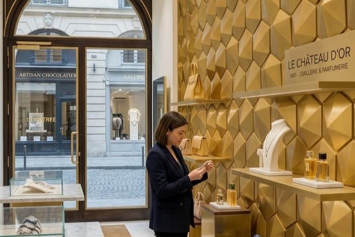 Mur de modules hexagonaux dorés à facettes, du sol au plafond, portant les étagères d'une boutique de maroquinerie et joaillerie