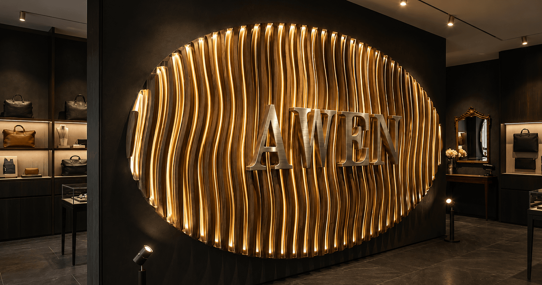 Wave-Wall : sculpture murale ondulante en lamelles de bois rétro-éclairées, logo intégré, dans une boutique sombre