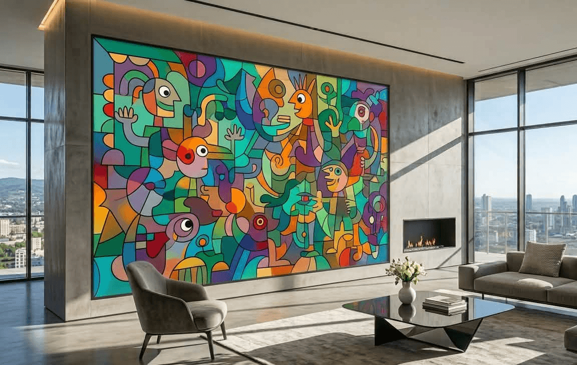 Cadre mural lumineux à facettes, rétro-éclairé, dans un séjour contemporain